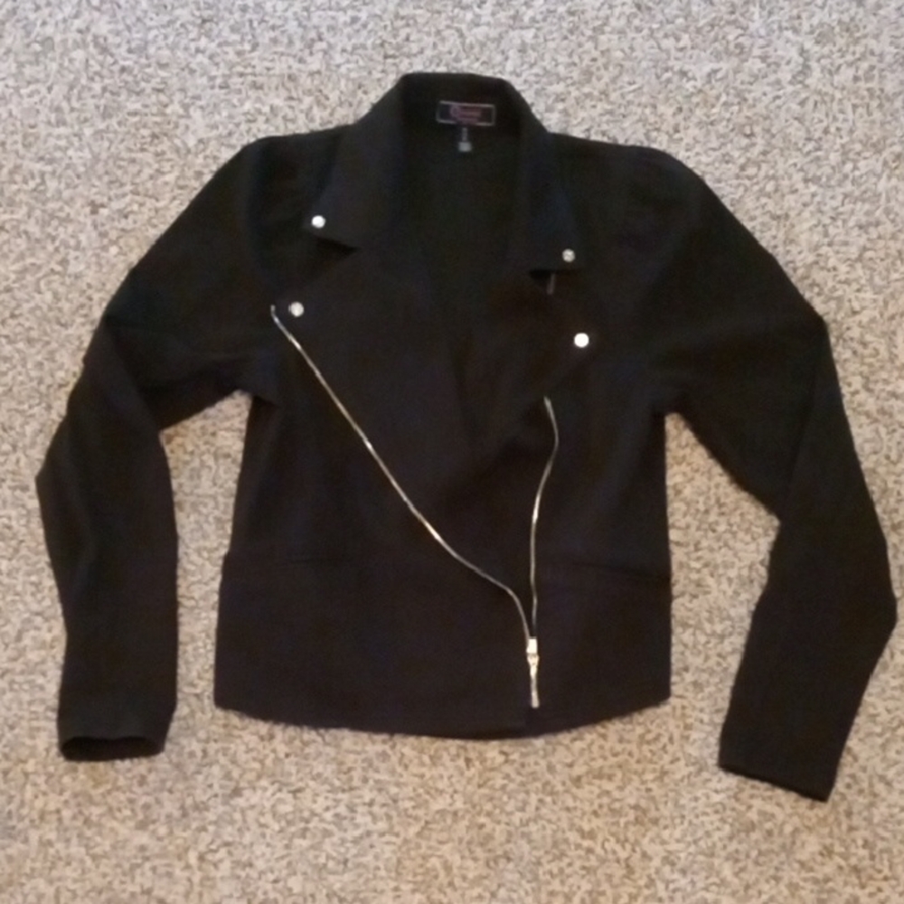 C Wonder by Christian Siriano Lace Sleeve Crepe Knit Moto Jacket